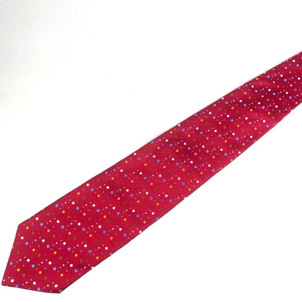 Alfred Dunhill Red Woven Hand Made Multicolor Dots All Silk Necktie Italy $245